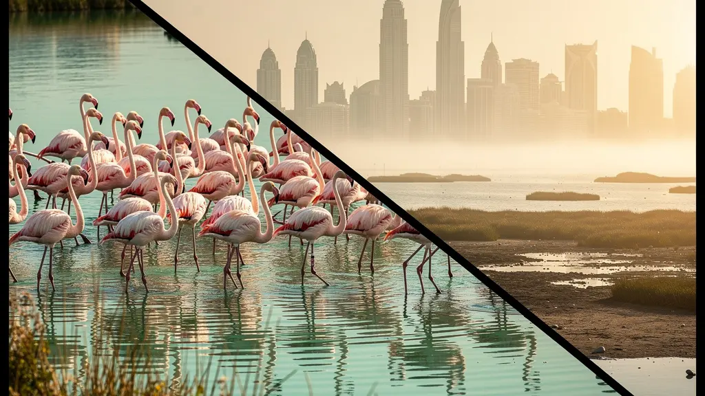 Flamingos in wetland with Dubai skyline backdrop showcasing urban wildlife photography contrast