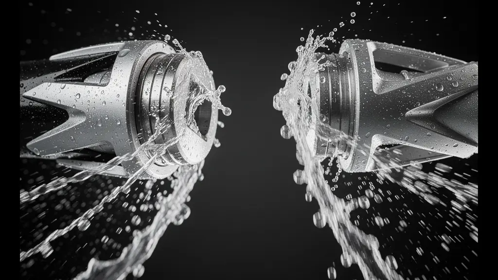 Extreme close-up comparison of flyboard nozzle jets showing water flow patterns