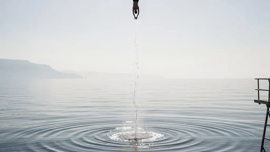Wide angle view of flyboarder demonstrating proper pencil fall technique into calm ocean water