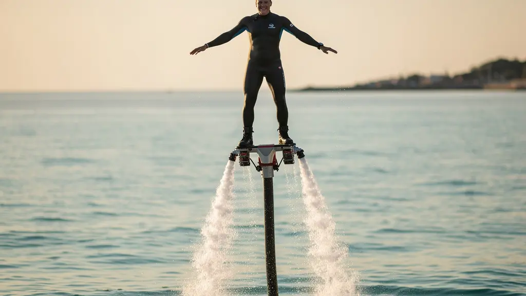 Beginner flyboarder successfully standing up for the first time above turquoise water with water jets creating dramatic spray