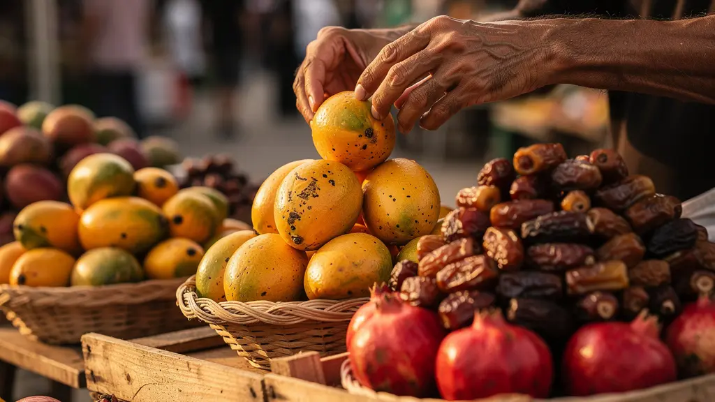 Colorful fruit and vegetable display at traditional Friday Market