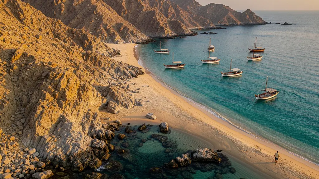 Panoramic view of Fujairah coastline with mountains and Indian Ocean