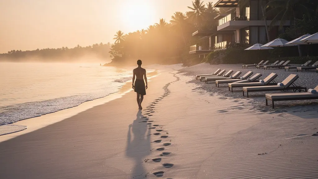 Serene empty beach at sunrise with luxury villas in distance