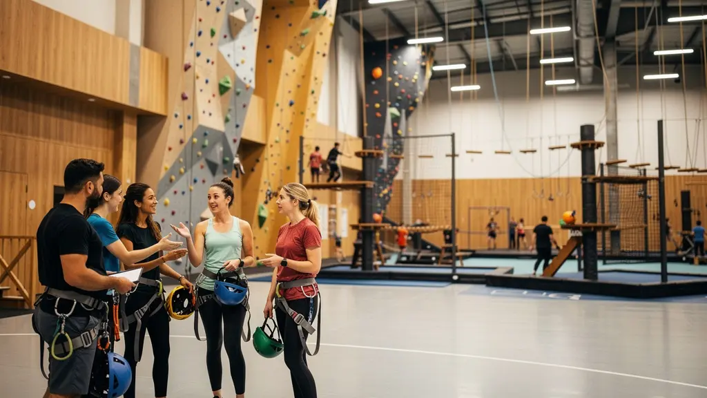 Wide shot of modern indoor adventure sports facility with groups enjoying activities