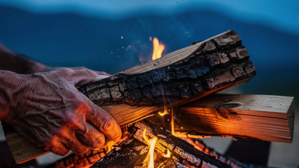 Close-up of campfire preparation with acacia wood and mountain backdrop at dusk