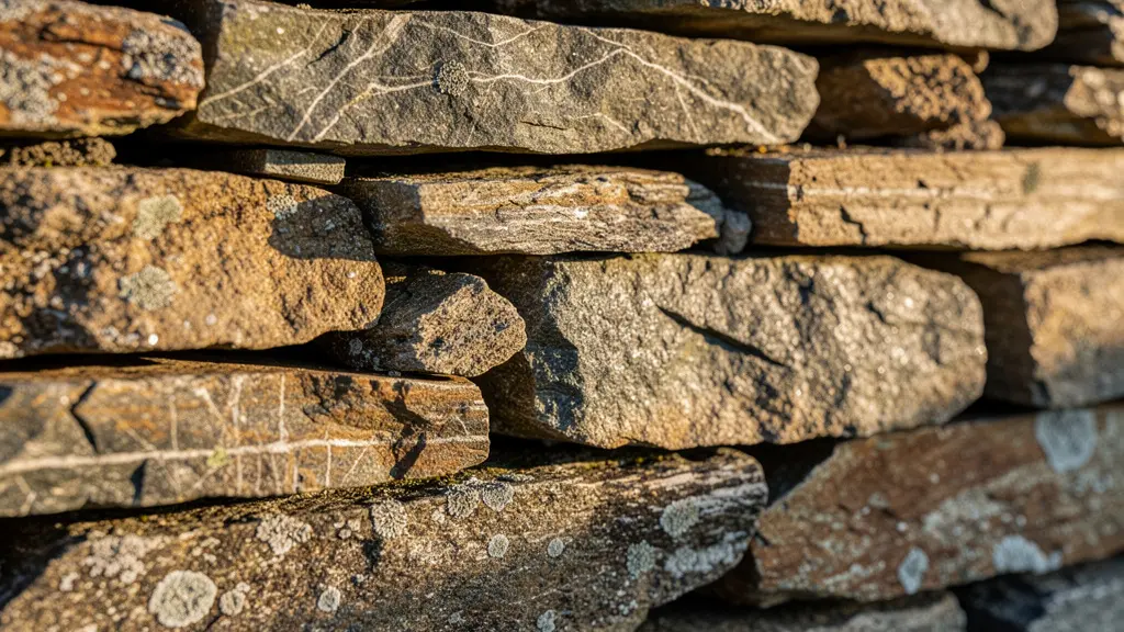 Close-up texture of traditional Hatta stone wall construction showing natural rock layers