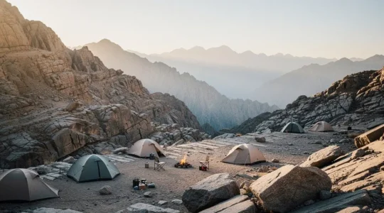Panoramic view of Hatta camping area with tents scattered across mountain terrain at golden hour