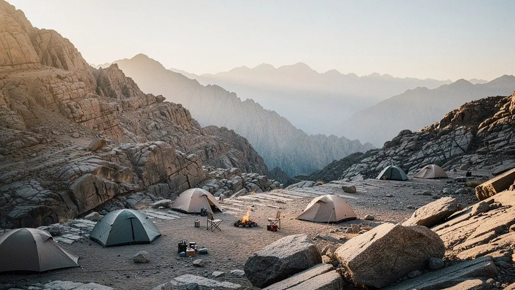 Panoramic view of Hatta camping area with tents scattered across mountain terrain at golden hour