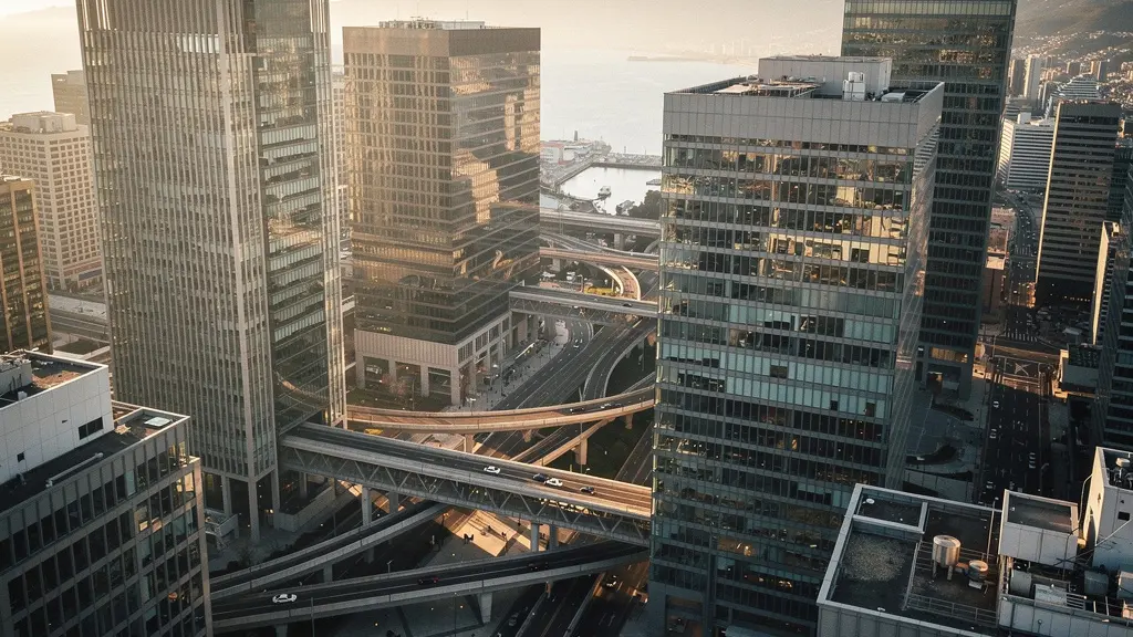 Aerial view of modern business district with interconnected skyscrapers and walkways