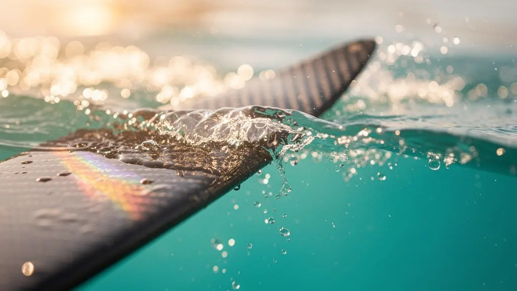 Extreme close-up of hydrofoil cutting through turquoise Dubai waters with spray detail
