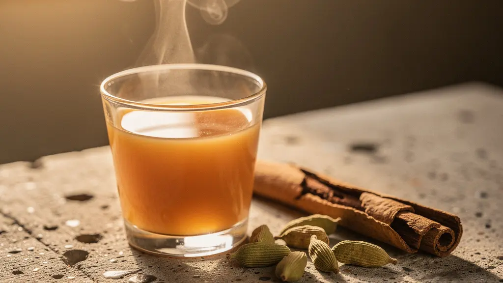Macro close-up of a steaming glass of karak chai on a textured concrete surface, with warm golden tones and extreme shallow depth of field capturing the spiced tea's rich amber color.