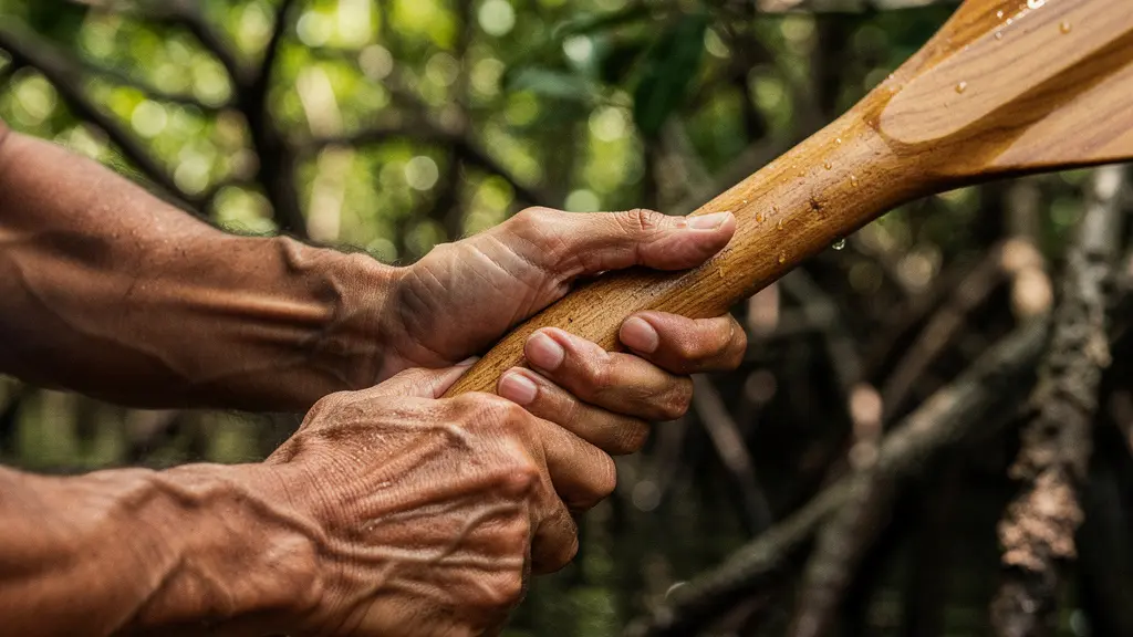 Close-up view of kayak paddle technique in narrow mangrove waterway