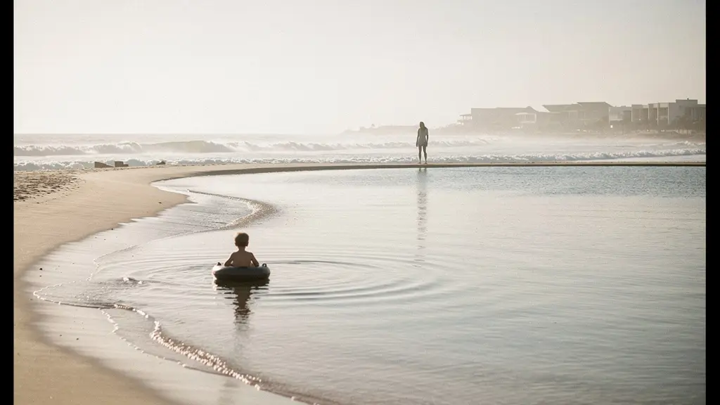 Wide coastal scene showing a sheltered lagoon-like area versus open waves, illustrating calmer water near shore and rougher water farther out.