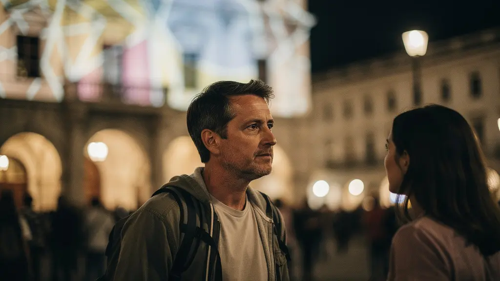 A visitor in a nighttime crowd pauses to listen while a distant illuminated façade glows, suggesting the best listening position for a synchronized projection show.