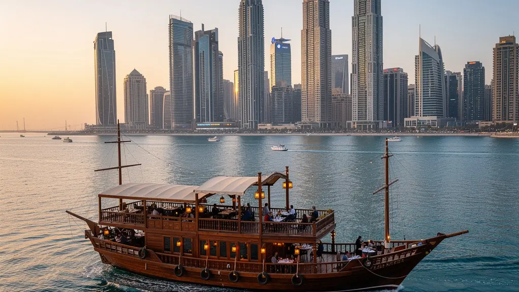 Traditional dhow cruise illuminated at dusk with Dubai Marina skyline