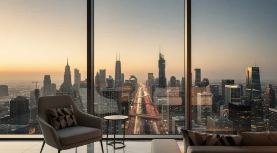 Panoramic view of luxury high-rise hotel room at dusk with floor-to-ceiling windows
