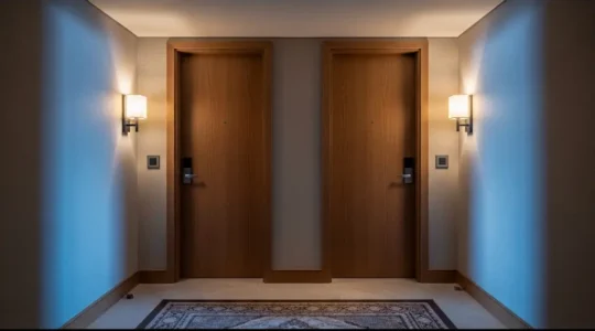 Wide angle view of a pristine, modern hotel corridor with warm lighting, showing two distinct doors side-by-side, representing connecting rooms.