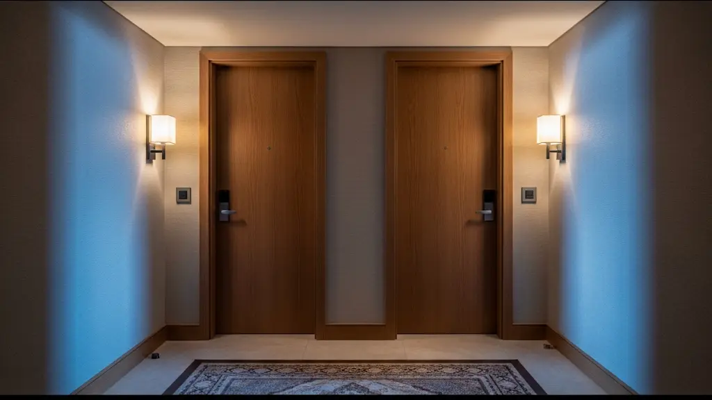 Wide angle view of a pristine, modern hotel corridor with warm lighting, showing two distinct doors side-by-side, representing connecting rooms.
