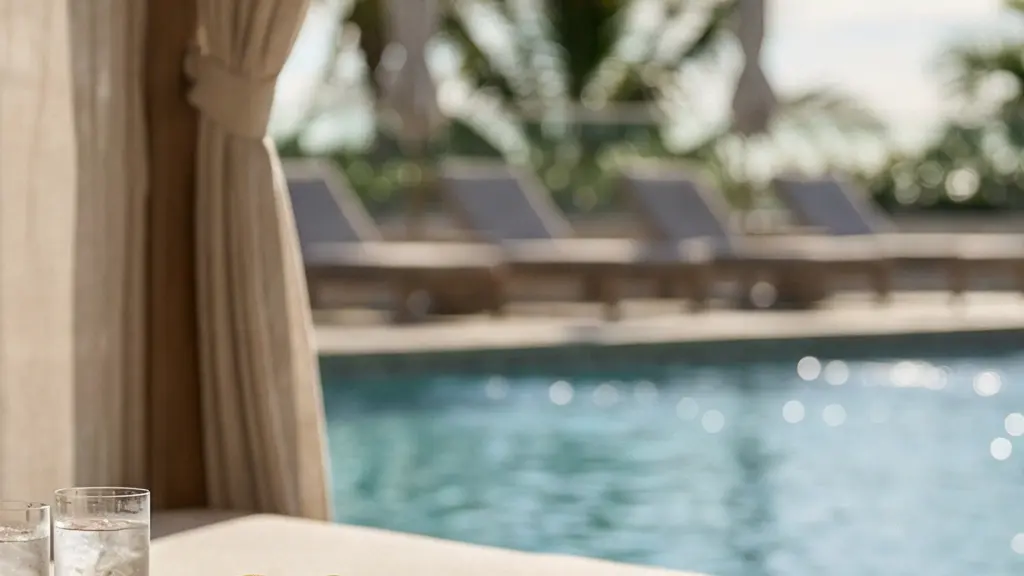 A sunlit luxury hotel pool cabana with neutral textiles, a chilled drink tray, and open negative space for editorial layout.