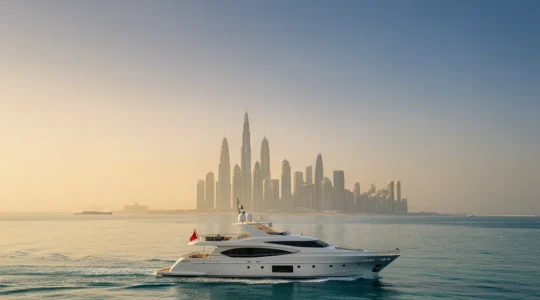 Luxury yacht cruising through Dubai Marina waters with skyline at sunset