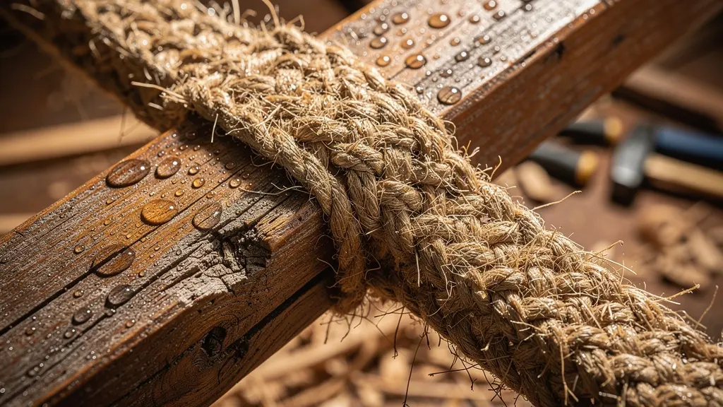 Close-up of traditional coconut fiber rope binding wooden dhow planks