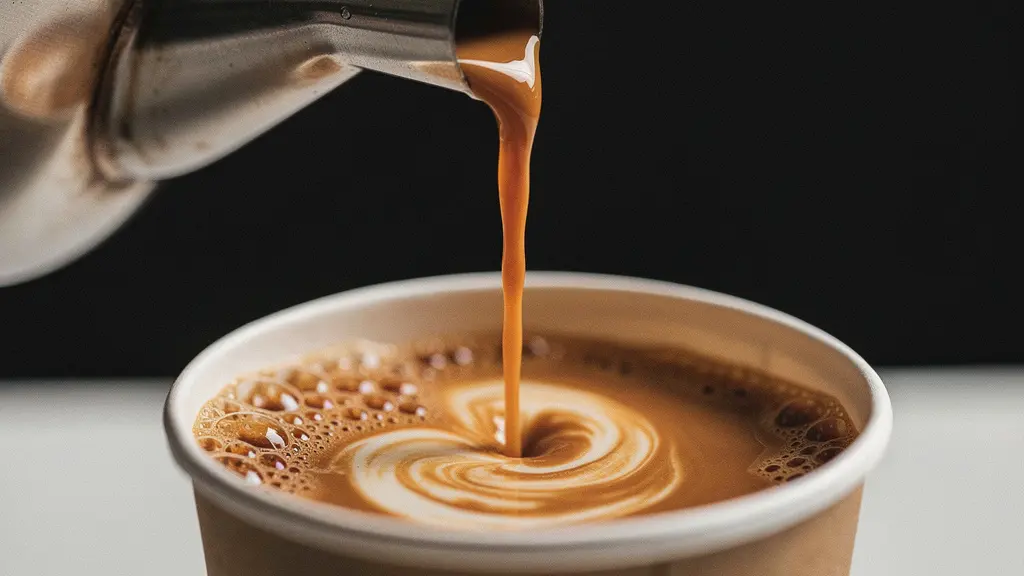 Extreme close-up of a thick karak chai pour forming silky threads and caramel swirls as it falls into a plain cup.