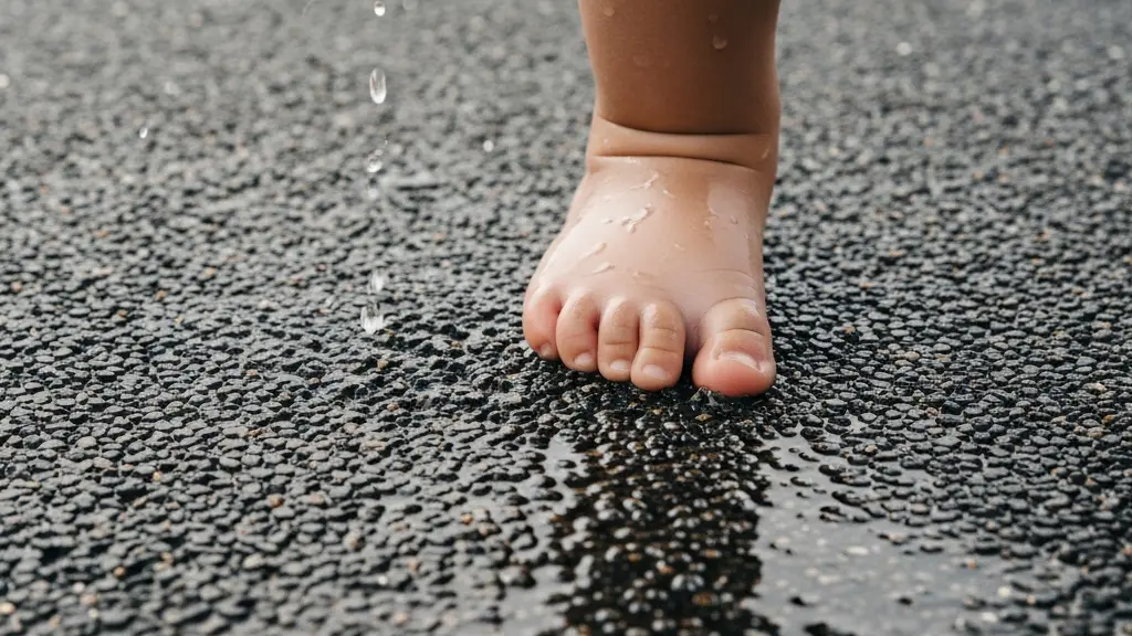 Macro close-up of a wet rubberized splash-pad surface with water droplets and a small toddler foot stepping safely.