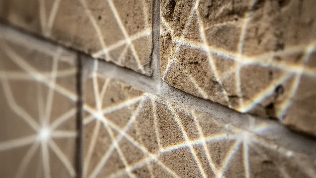 Extreme close-up of heritage stone texture with a faint geometric light pattern precisely aligned to surface details, evoking previsualization and scanning.