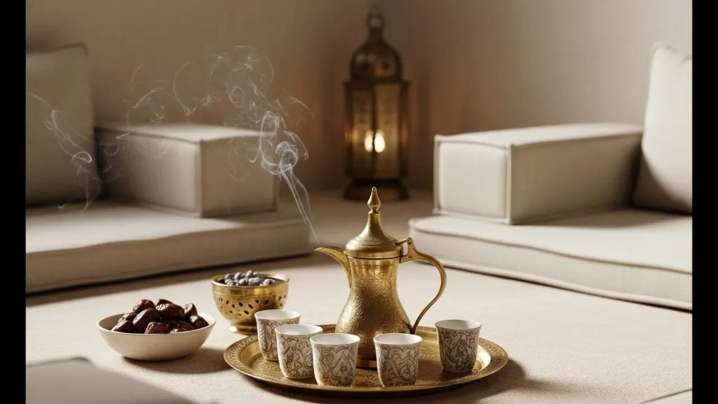 A quiet wide view of a majlis setting with a dallah, small finjan cups, and dates arranged on a low tray under warm ambient light.