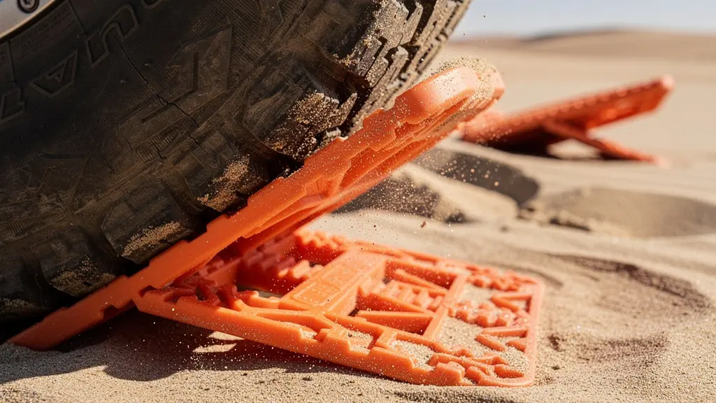 Close-up view of orange recovery boards positioned under 4x4 tire in soft sand