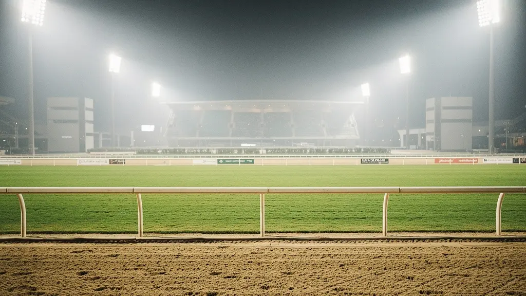 A wide, minimal night view of Meydan’s track with a dirt lane in sharp focus and the turf course softly receding behind it.