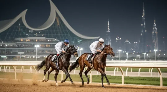 Thoroughbreds racing under floodlights at Meydan with Dubai skyline in soft focus and clean negative space for a headline.