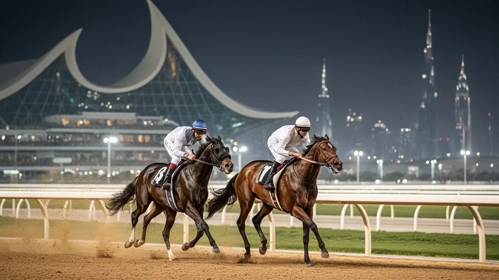 Thoroughbreds racing under floodlights at Meydan with Dubai skyline in soft focus and clean negative space for a headline.