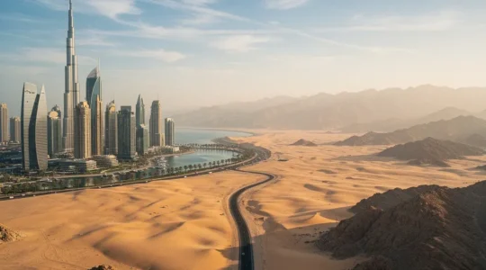 Aerial view of Dubai cityscape transitioning into desert landscape with traditional Middle Eastern architecture elements