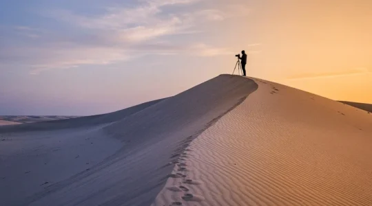Split composition showing morning and evening desert photography with contrasting light qualities on sand dunes