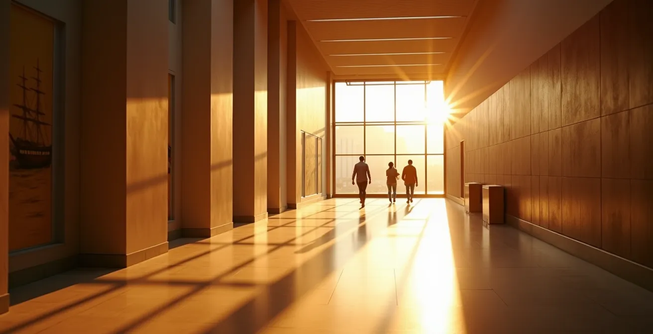 Empty museum corridor bathed in warm afternoon sunlight with minimal visitors