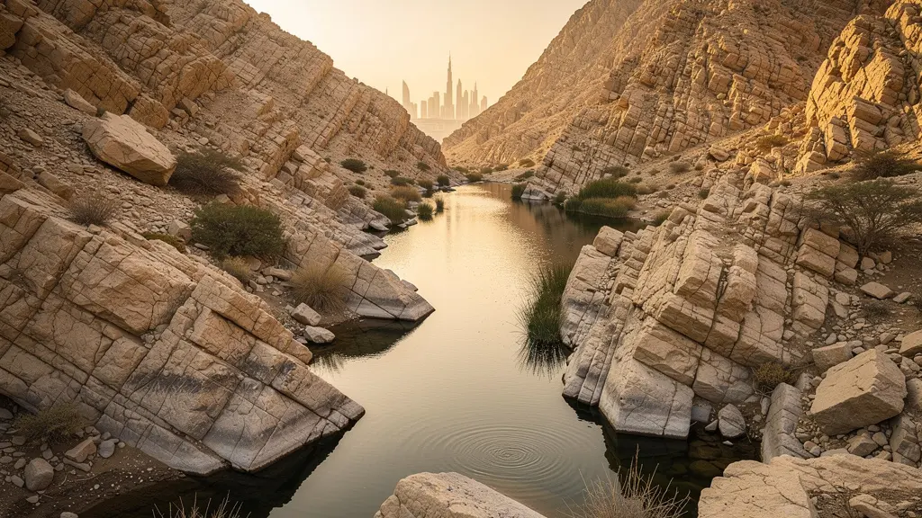 Dramatic mountain peaks and wadis of the Northern Emirates contrasting with distant city skyline