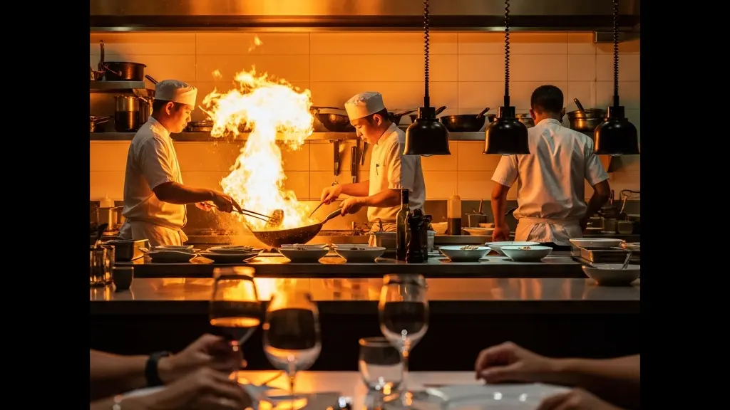 View of open kitchen with chefs at work in upscale restaurant