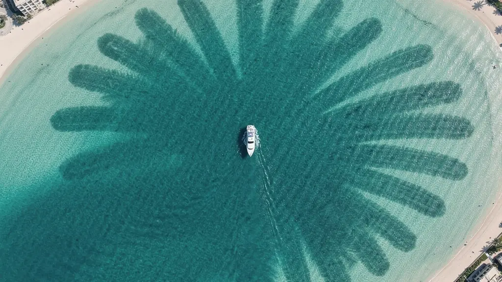 Aerial view of a white yacht navigating the turquoise waters of the Palm Jumeirah's outer crescent