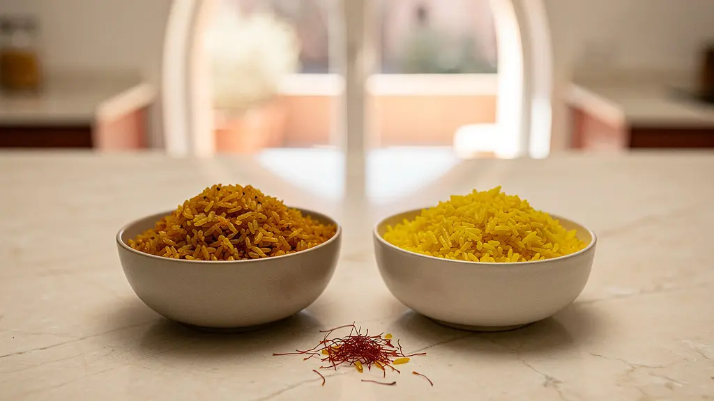 Two ceramic bowls of saffron-infused rice side by side showing different golden hues, representing Persian and Spanish saffron color release