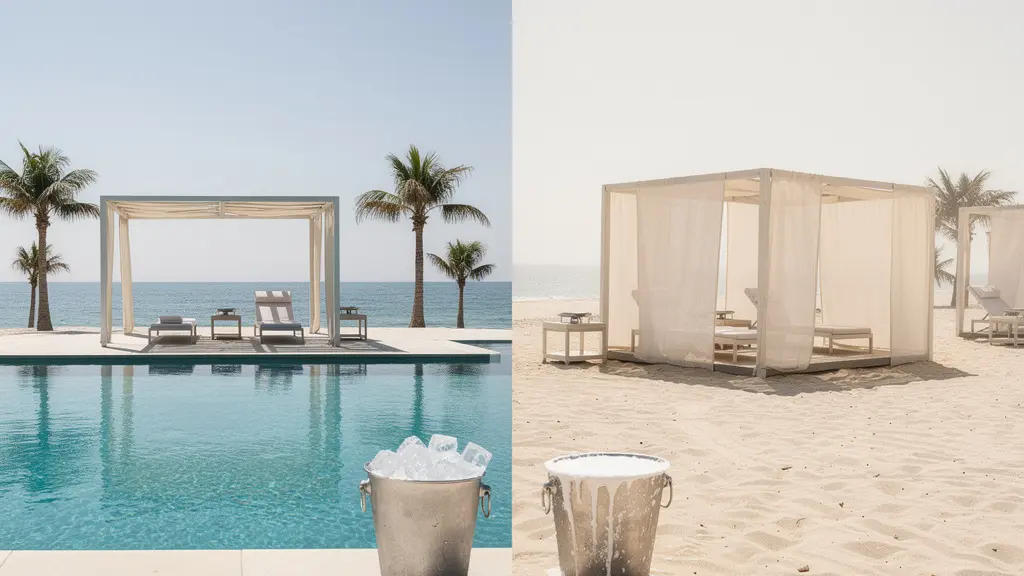 A wide, minimal scene comparing a shaded poolside cabana and a shaded beachfront cabana under harsh midday sun.