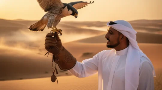 Emirati falconer in traditional white kandura training a majestic peregrine falcon in golden desert light