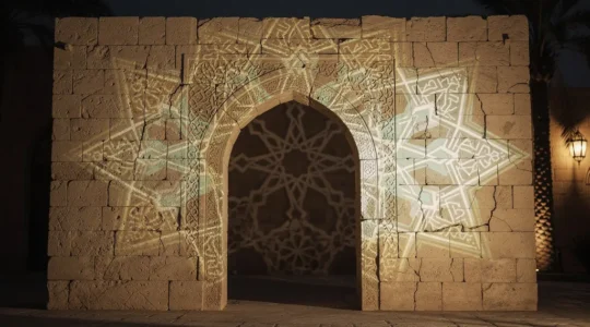 Nighttime projection mapping of intricate Islamic geometric patterns illuminating a historic stone wall in a quiet courtyard, with open sky as negative space.
