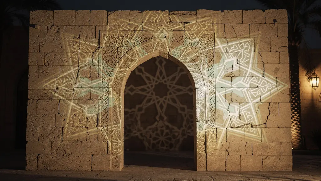 Nighttime projection mapping of intricate Islamic geometric patterns illuminating a historic stone wall in a quiet courtyard, with open sky as negative space.