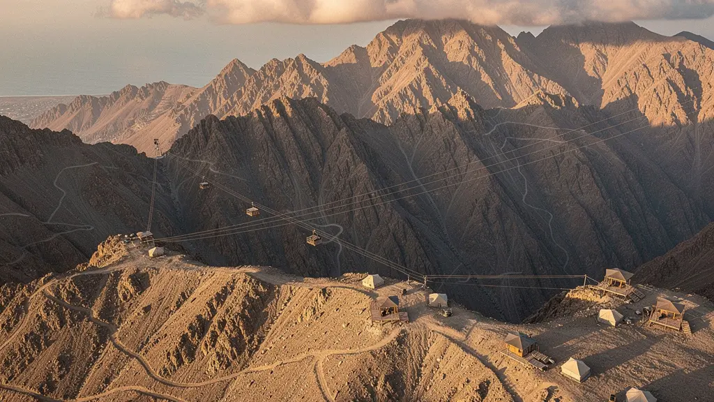 Dramatic aerial view of Ras Al Khaimah's mountainous landscape with adventure activities