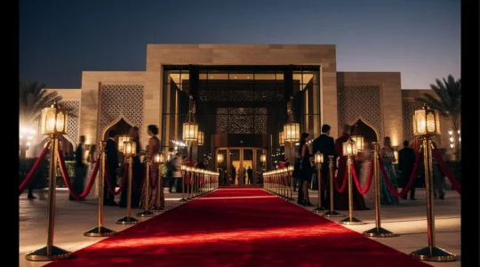 A sweeping nighttime view of a red carpet event in the UAE, with velvet rope barriers, golden ambient light, and a blurred crowd of elegantly dressed attendees under a modern architectural canopy.