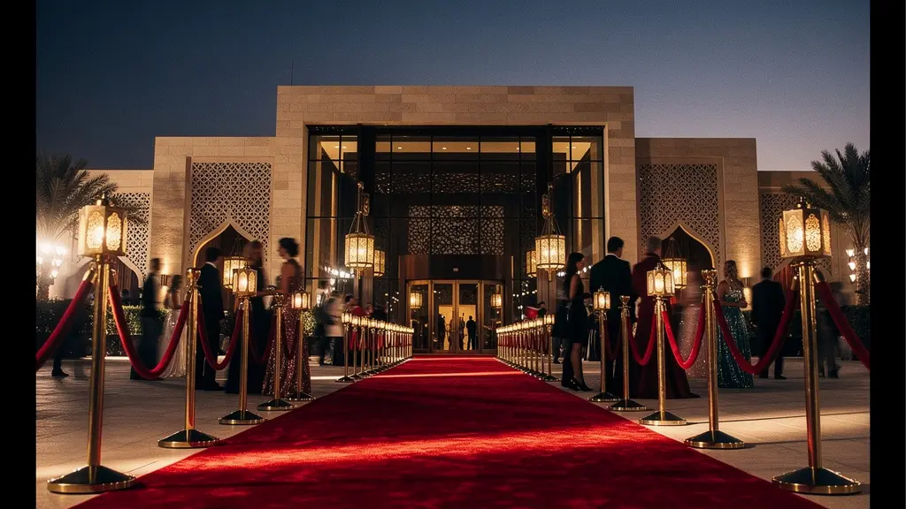 A sweeping nighttime view of a red carpet event in the UAE, with velvet rope barriers, golden ambient light, and a blurred crowd of elegantly dressed attendees under a modern architectural canopy.