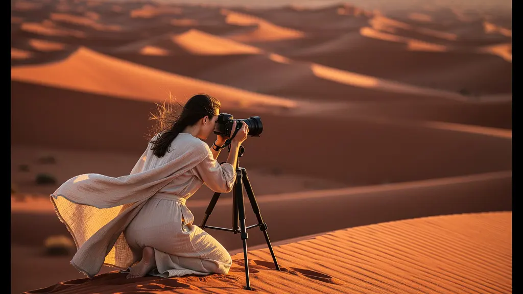 Photographer capturing sunset over dramatic red sand dunes in Lahbab Desert