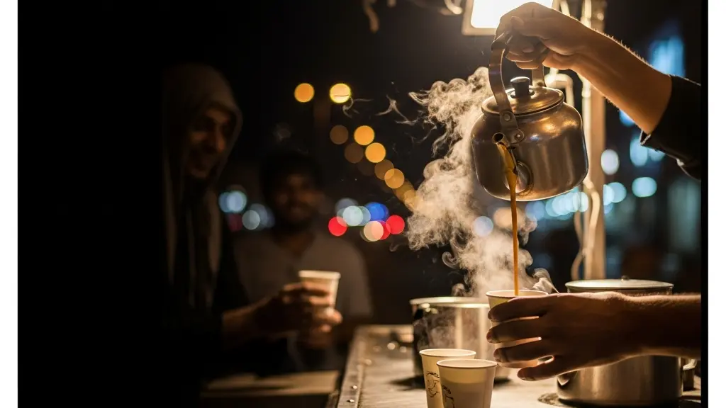 A roadside tea vendor in the UAE pours creamy karak chai into a plain paper cup under warm night lights, with soft negative space for a headline.