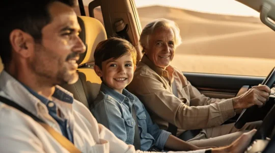 Multi-generational family enjoying safe dune bashing in Dubai desert with professional guide and safety equipment